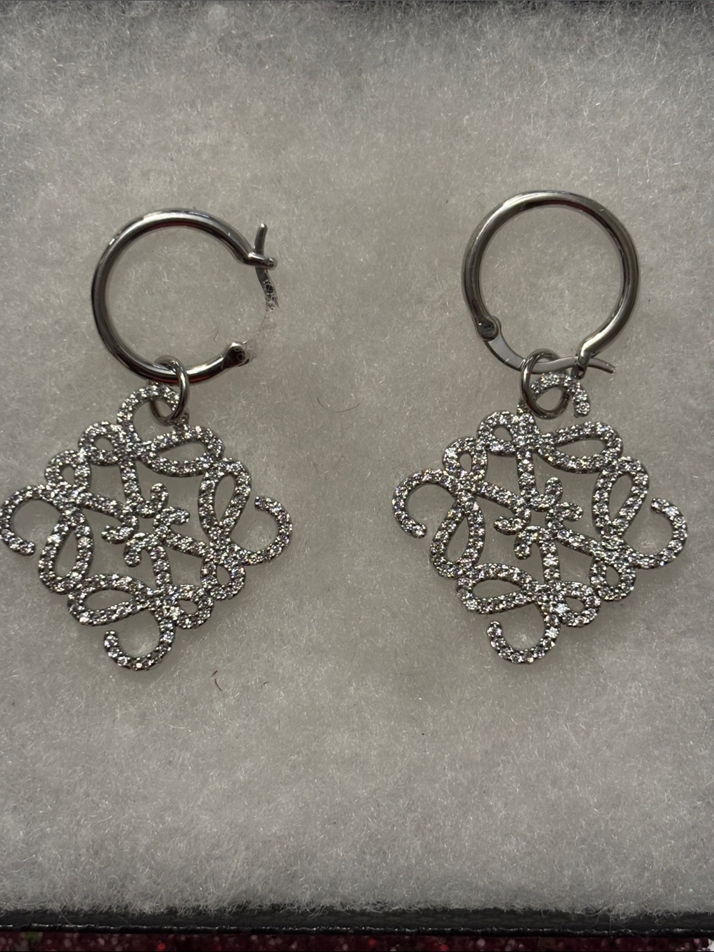 Elegant Loewe Inspired Silver & Diamond Drop Hoop Earrings
